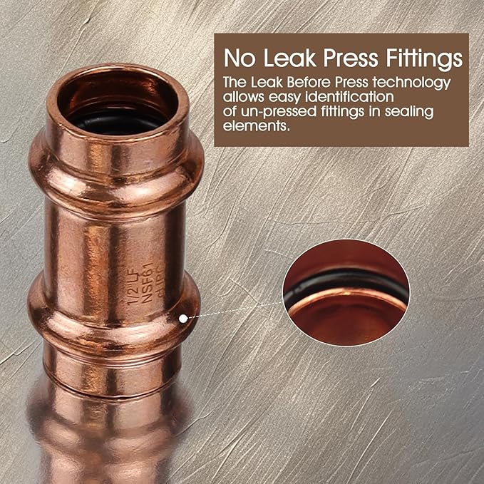 Copper Press Fittings,1/2inch Copper Coupling with Stop 1/2-Inch PxP Zero Lead,Outer Diameter 5/8”,12PK Press Fittings 1/2” Coupling with Stop for Plumbing,Use with Hydraulic Press Fitting Tool