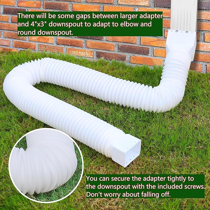 2 Pack Rain Gutter Downspout Extensions, Upgraded Flexible Drain Down Spout Extender for Rain Water Drainage, Each Extendable from 20" to 66", Combine to 10 ft with Connector(White)