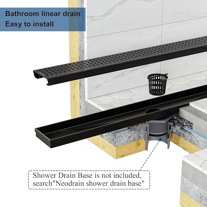 Neodrain 24-Inch Black Linear Shower Drain with Removable Quadrato Pattern Grate, 304 Stainless Steel Rectangle Shower Floor Drain, Linear Drain with Leveling Feet, Hair Strainer, Matte Black
