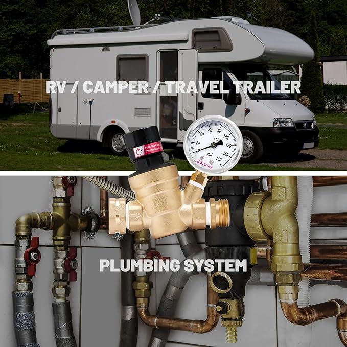 RV Water Pressure Regulator, Lead-Free Brass Adjustable Water Pressure Reducer Valve, with Gauge and Inlet Screen Filter, for RV Camper Travel Trailer