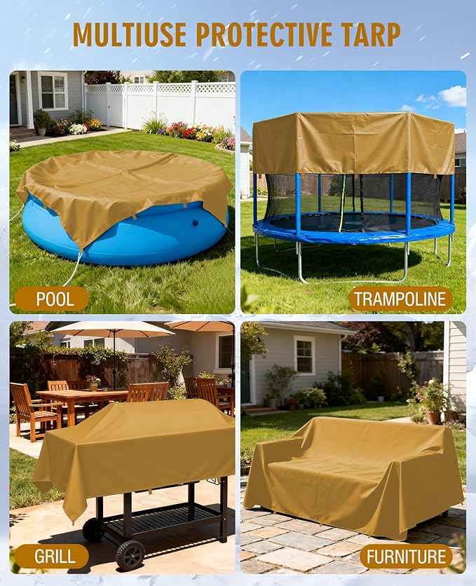 HIRALIY 20 Mil Heavy Duty Waterproof Tarp, 10.5x20ft Brown Tarpaulin with Reinforced Webbing Loops, Multipurpose Oxford Fabric Tarp for Firewood, Roof, Camping, Pool