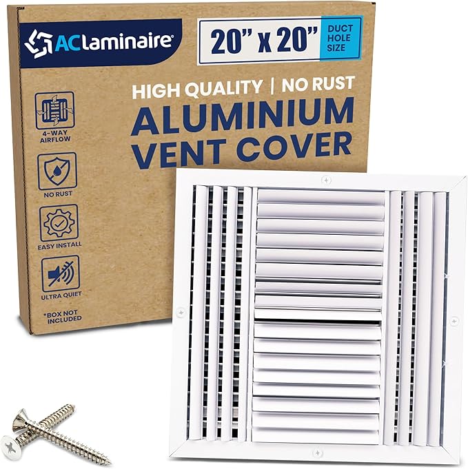 20x20 Inch (Duct Opening) Aluminum 4-Way Air Flow Vent – HVAC Vent Cover for Wall or Ceiling – Quiet HVAC Wall Register with Multi-Shutter Damper – Adjustable Curved Blade - Plastic Seal for Tight Fit