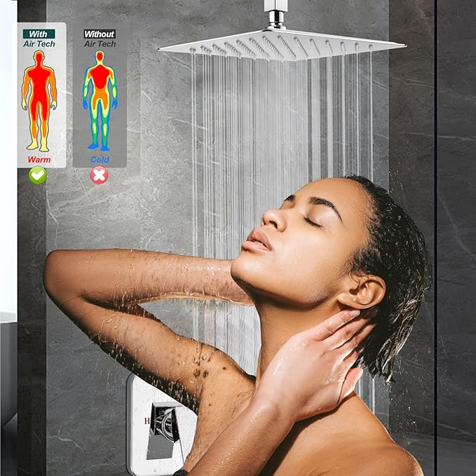 Heyalan Shower Faucet Set Square Stainless Steel Bathroom Rainfall Shower System One Handle Single Function Shower Trim Kit with Rough-in Valve Male Thread,Ceiling Mount,12 Inch,Polish Chrome