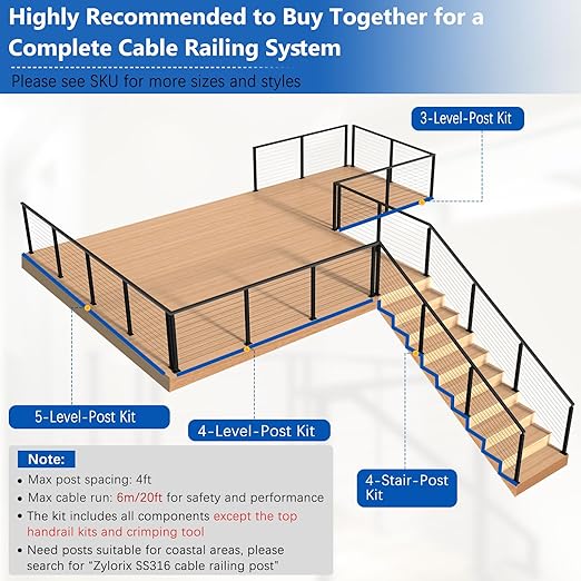 36" Expandable 2-8FT Black T304 Cable Railing Post Kit, Complete Cable Railing System with 2 Stair Posts, 98ft 1/8" Wire Rope(No Handrail), Adjustable Length Easy DIY for 25-35°Stairway