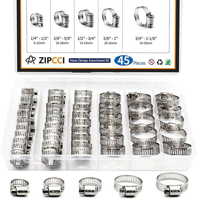 Hose Clamp Assortment, 45 Pack Stainless Steel Hose Clamps Kit Worm Gear Fuel Line Pipe Clamps (1/4 in to 1-1/8 in)