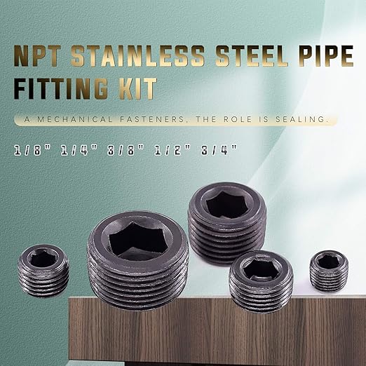 Swpeet 40Pcs 5 Sizes NPT Carbon Steel Pipe Fitting Assortment Kit, 1/8" 1/4" 3/8" 1/2" 3/4" NPT Plug Carbon Steel Internal Hex Thread Socket Pipe Plug Set for Use in Wet Environments