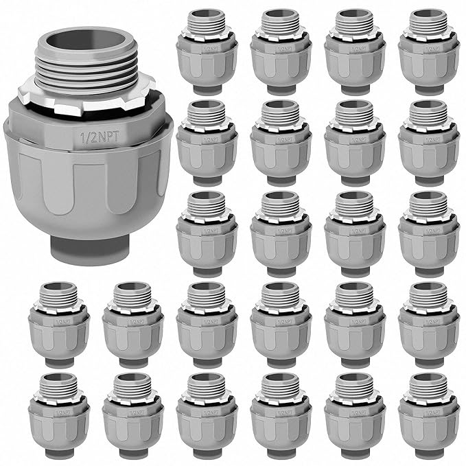 1/2 Liquid Tight Connector - 25 Pack Liquid Tight Conduit 180 Degree PVC Electrical Conduit Fitting Non Metallic Straight Flexible Conduit Connectors for Indoor Outdoor Home, Kitchen, and Bathroom