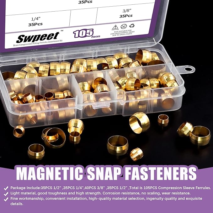 Swpeet 105 Pcs Tube OD 1/4'' 3/8'' 1/2'' Brass Compression Sleeves Ferrules, 3 Sizes Brass Compression Fitting Ferrules Assortment Kit Metal Hardware Tightly Good Sealing