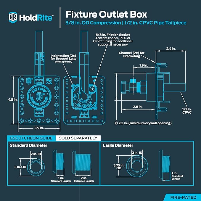 Holdrite Fixture Outlet Box with 3/8 Inch Compression Outlet, Pre-Assembled, Pack of 10, Fire Rated, 1/2 Inch CPVC Tailpiece, HR-FR-C-1