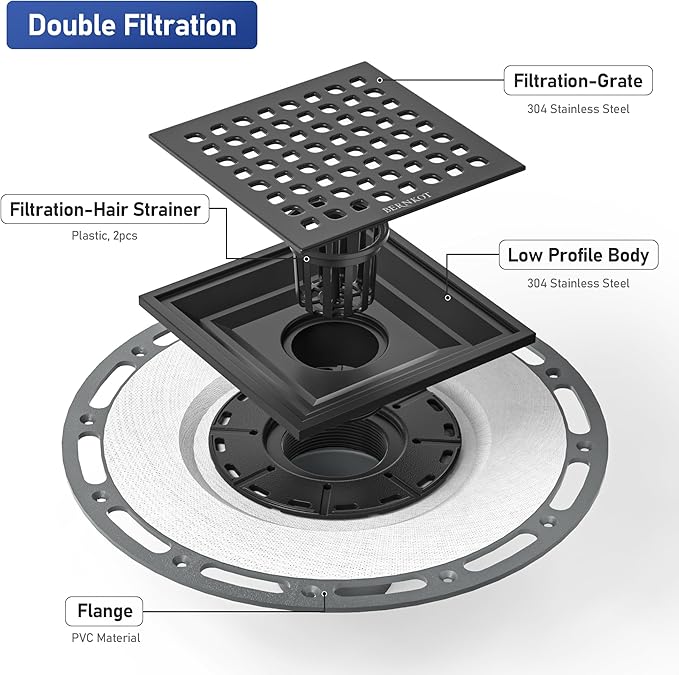 Square Shower Drain, 6" Matte Black with PVC Bonding Flange Base 304 Stainless Steel Drain Grate Removable with Stainless Drain Key for Low Profile Shower Tiles, CUPC Certified