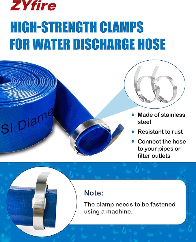 ZYfire Pool Backwash Hose with 2 Clamps - 2" x 50 FT PVC Lay Flat Discharge Hose Heavy Duty Reinforced Pool Hose Weather and Burst Resistant for Pool Drain, Sump Pump, Pool Filter