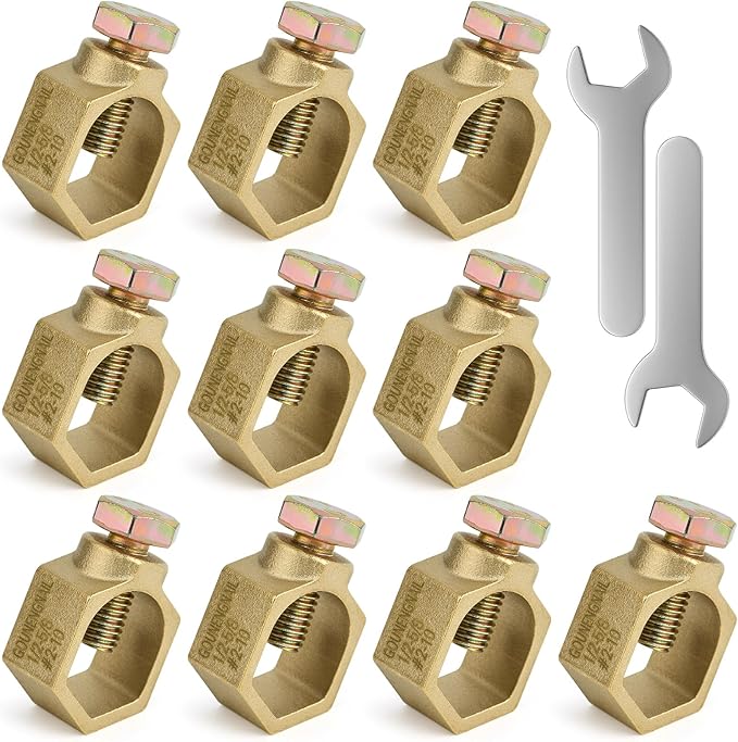 10PCS Copper Ground Rod Clamp, Great for 1/2”- 5/8” Grounding Rods (10, Brass Clamp (1/2''-5/8''))