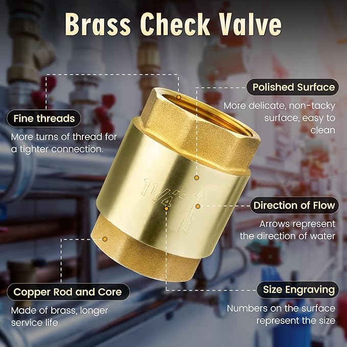 1 1/4-Inch Check Valve,Female NPT,No-Lead Brass,Female Pipe Thread Compatible with Most Pumps,Silent Check Valve,Prevents Backflow in Well or Irrigation Systems