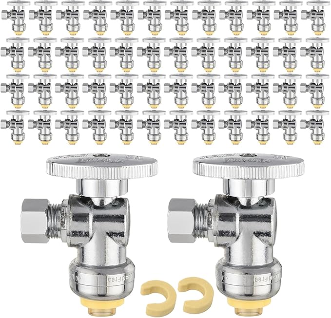 (Pack of 50) EFIELD Push Fit 1/4 Turn Angle Stop Valve Water Shut Off 1/2 Push x 3/8 Inch Compression Chrome with a Disconnect Clip,(PF-VALVE028-50PCS)