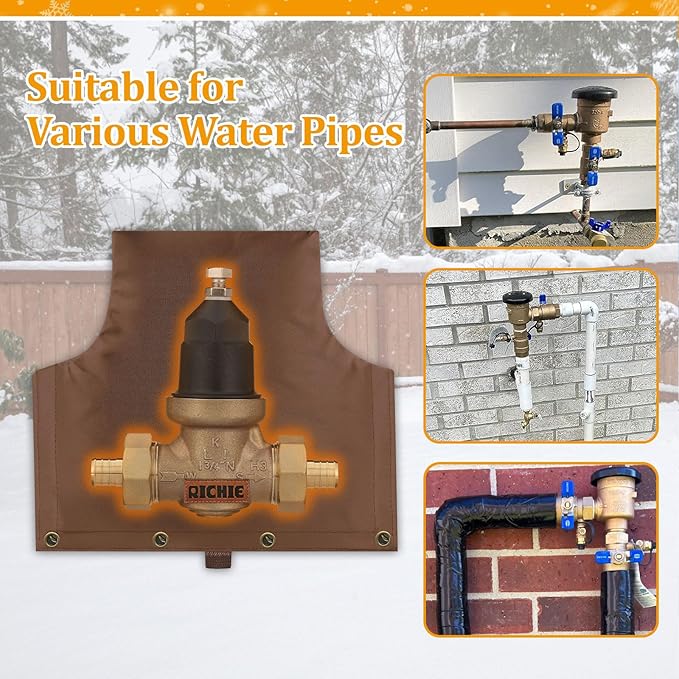 Backflow Preventer Insulated Cover (5°F) for Winter Freeze Protection, 14"W x 13"H Thickened Pressure Reducing Value & Well Pump Cover, Outdoor Waterproof Insulation Pouch for Sprinkler Valve, Brown