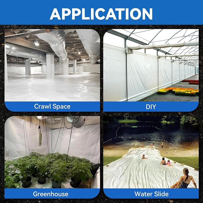 White Crawl Space Vapor Barrier - 10 Mil Vapor Barrier, 10' x 50', Heavy Duty Polyethylene Film, Thick Plastic Sheeting, Plastic Drop Cloth Covering for Crawlspace, Baement