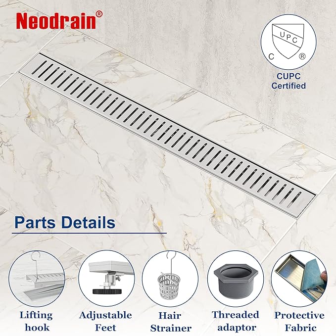 Neodrain 28" Brushed Linear Shower Drain Shower Linear Drain, Removable Capsule Pattern Grate, Bathroom 304 Stainless Steel Rectangle Shower Floor Drains- CUPC Certified