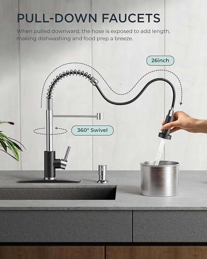 FORIOUS Kitchen Faucet with Pull Down Sprayer, Stainless Steel Commercial Single Handle Classic Spring Pull Out Sink Faucet for Pot Filler, Farmhouse Camper Bar Laundry Room, Black Chrome