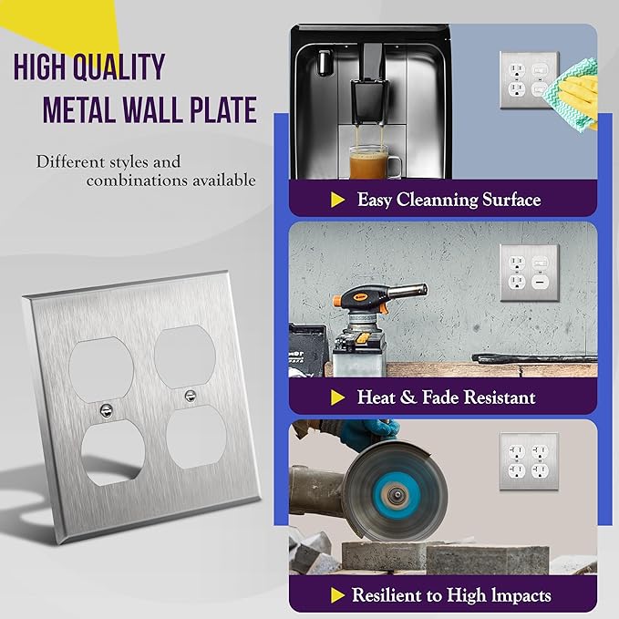 ENERLITES Double Duplex Receptacle Metal Wall Plate, Stainless Steel Socket Outlet Switch Cover, Corrosive Resistant, 2-Gang 4.50" x 4.57", 7722, 430, UL Listed, Silver, Standard Size