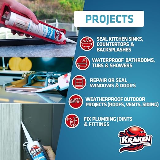 Kraken Bond Brown Silicone Sealant Waterproof% 100-10 fl oz Cartridge - RTV Silicone Caulk Kitchen and Bathroom, All Purpose, Window Caulking Sealant Outdoor, RV, Exterior Use Silicon - 12 Pack