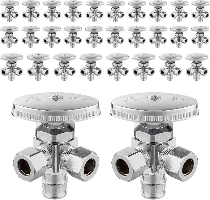 (Pack of 30) Seelink Multi-Turn Dual Outlet Angle Stop Valve, 1/2" Pex-a Expansion F1960 Pipe Inlet x (3/8 inch x 3/8 inch) Compression Outlets, Chrome Plated Brass