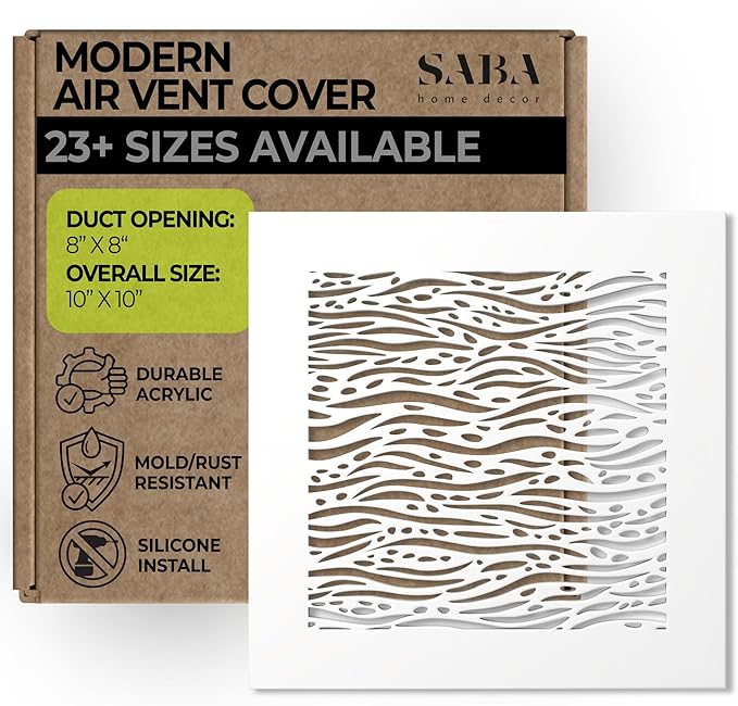 SABA Home Decor White Air Vent Cover - Acrylic Plexiglass 8" x 8" Duct Opening (10" x 10" Overall) Return Grille Decorative Covers for Walls & Ceilings NOT for Floor USE, Waves