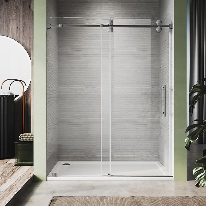 61-65 Inch x 80 Inch Sliding Frameless Shower Door, 3/8" Tempered Glass with Easy-Cleaning Coating, Stainless Steel Rollers & SGCC-Certified Stability, Space Gray