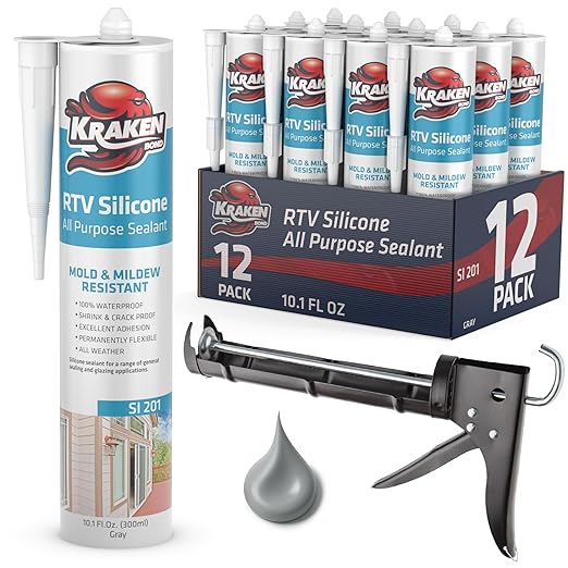 Kraken Bond Gray Silicone Sealant Waterproof% 100-10 fl oz Cartridge - RTV Silicone Caulk Kitchen and Bathroom, All Purpose, Window Caulking Sealant Outdoor, Exterior Use Silicon, Gun Incl - 12 Pack