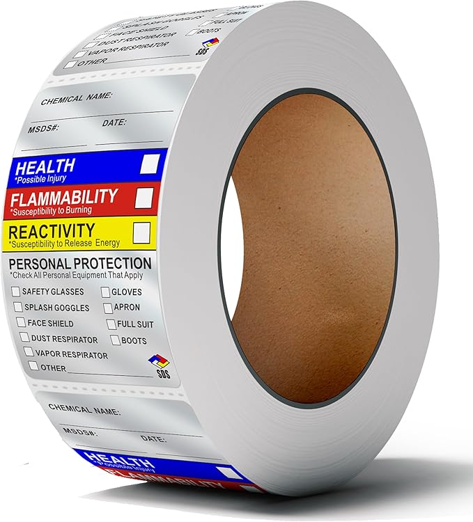 SDS Labels Stickers, Roll of 250 OSHA Ghs Hmis Labels Stickers for Chemical Safety, Ghs Label for Secondary Containers, HMIS & Hazard Compliant, MSDS Label
