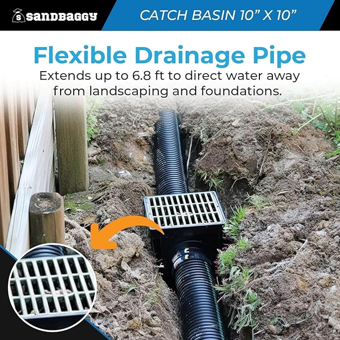 10" x 10" Catch Basin with Flexible Drain Pipe – Outdoor Drainage System - Sandbaggy (10x10, 5, Count)