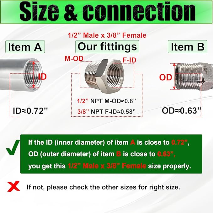 2 Pcs 304 Stainless Steel 1/2" Male to 3/8" Female Reducer Bushing, 1/2 Inch Male to 3/8 Inch Female NPT Pipe Fitting Reducing Adapter Tube Connector Convert (1/2" Male x 3/8" Female)