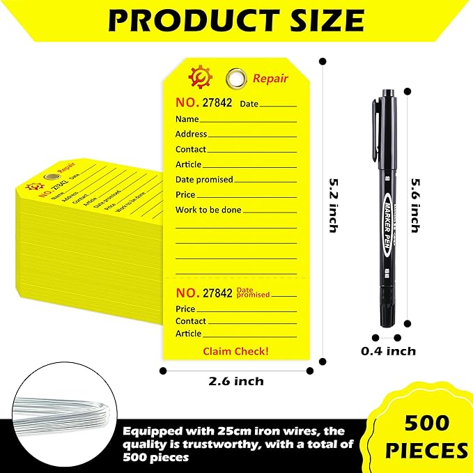 500 Pcs Repair Tags with Hole and Wire Maintenance Service Tags 2.6 x 5.25 Inch Numbered for Machinery & Office Service Tickets Equipment Maintenance Price Notice with Stub Yellow (500)