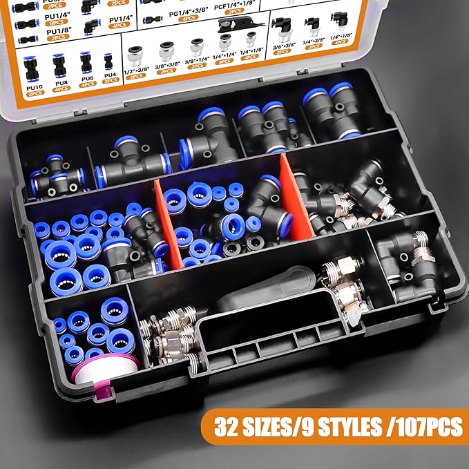 mankk 116PCS Quick Connect Air Hose Fittings Kit 35 Sizes 1/8" 1/4" 5/16” 3/8" 1/2",4/6/8/10mm Push to Connect Fittings Air Line Fittings Quick Release Pneumatic Kit
