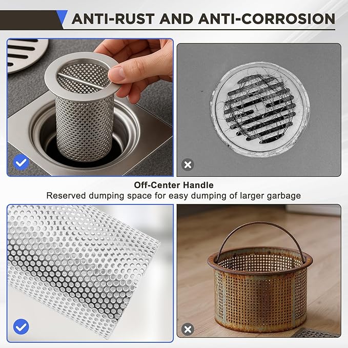 4" Diameter Commercial Floor Drain Strainer 6" Tall Perforated Cylindrical Mesh 316 Stainless Steel Drain Basket with Carry Handle –heavy-duty, for Restaurants, Kitchens, Factories