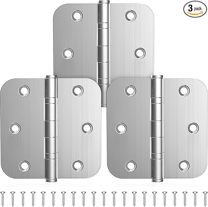 KOLET Ball Bearing Door Hinges, 3.5 Inches Door Hinges, 5/8'' Radius Corner Heavy Duty Stainless Steel Hinges, Smooth and Quiet, Non Removable Pin, Brushed Nickel, 3 Pack