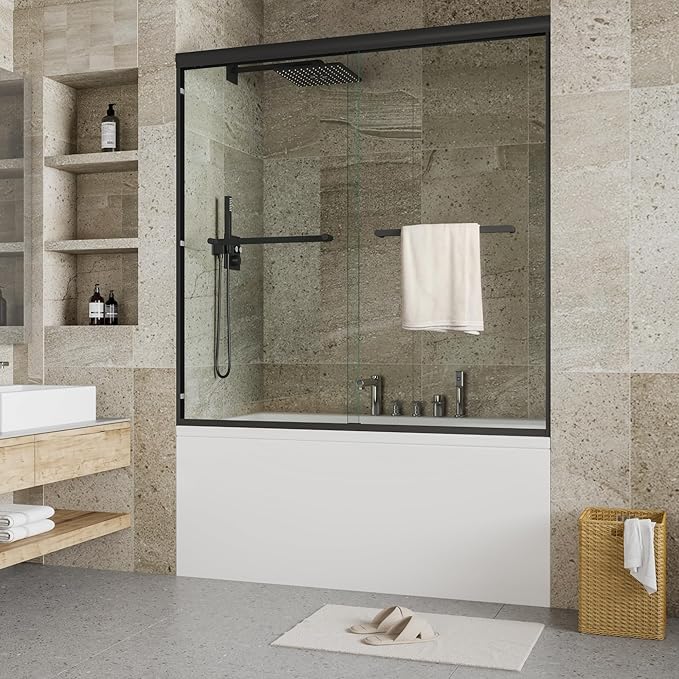 59" W x 60" H Single Sliding Shower Door - Bypass Space Saving Design with 1/4” Clear Tempered Glass & Aluminum Alloy Frame, Easy Installation & Reversible Hinges, Matte Black Finish