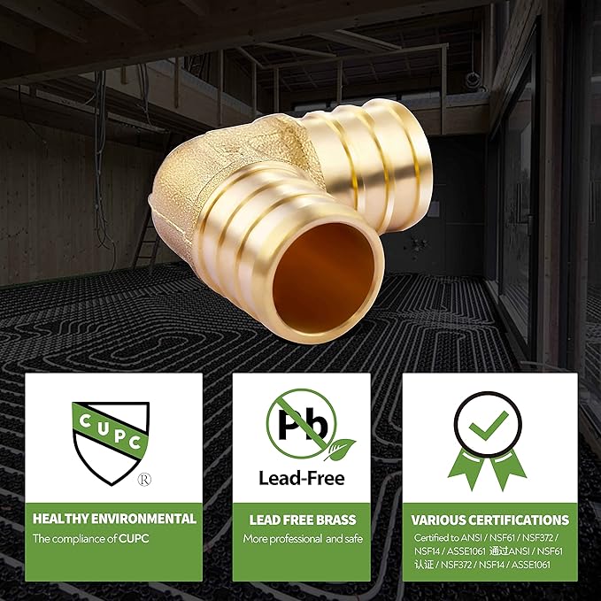 3/4 inch PEX 90 Degree Elbow 3/4" (pack of 8) Lead-Free Brass Barb Crimp Pipe Fitting/Fittings
