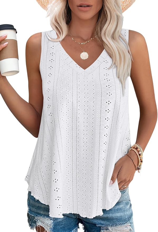 OFEEFAN Womens Tank Tops V Neck Sleeveless Flowy Loose Fit Basic Casual Summer Tops