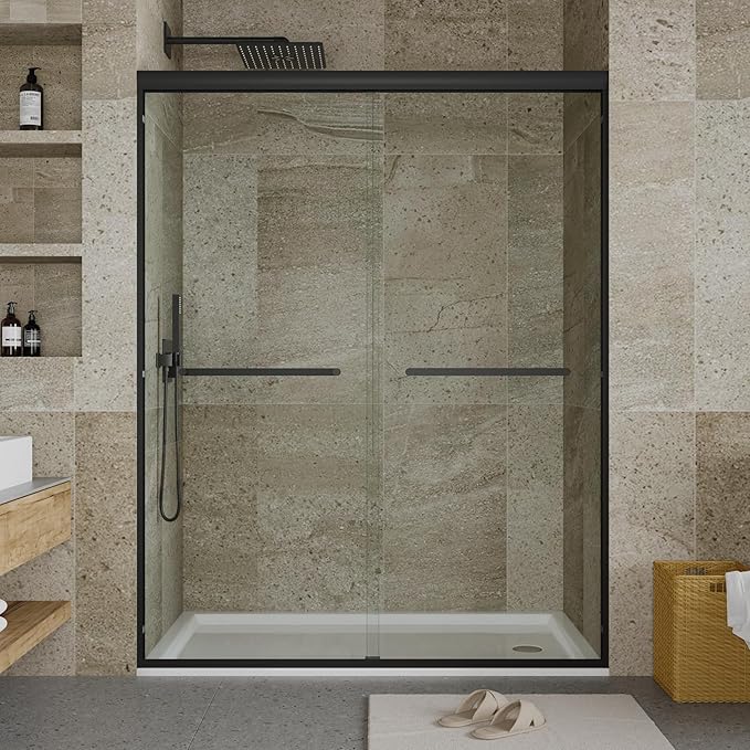8mm Double Sliding Shower Door - 56 to 60 inch Adjustable Width x 72 inch Height - Space-Saving Bypass Shower Enclosure with Square Track Frame & Matte Black Finish