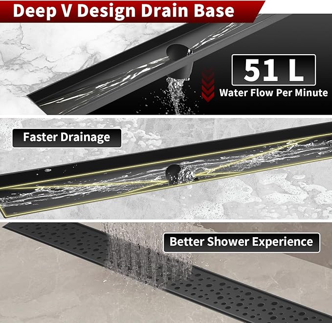 Sharp-tec Shower Drain, 28 inch Linear Shower Drain, Matte Black 304 Stainless Steel Rectangular Shower Floor Drain with Adjustable Leveling Feet, Hair Strainer, cUPC Certified, ST-099-28B