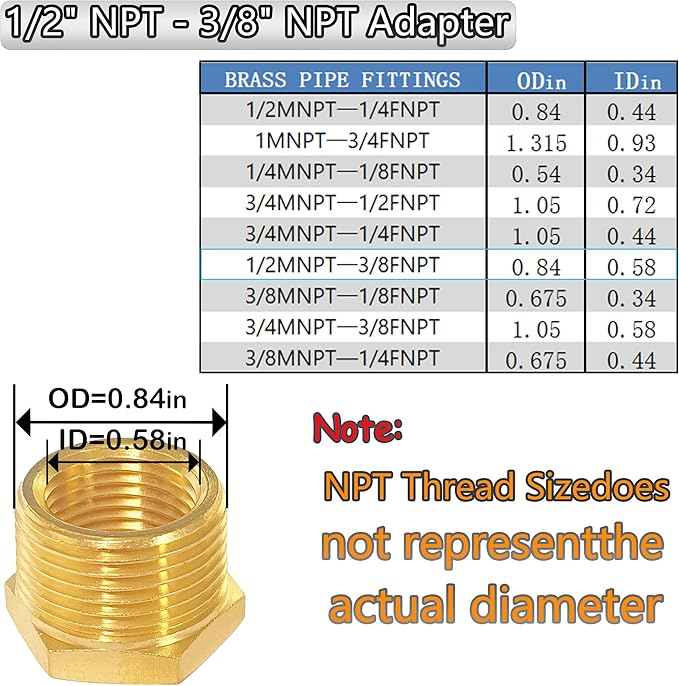 YOUHO 1/2 to 3/8 reducer Brass Threaded Pipe Fitting 1/2 NPT Male x 3/8 NPT Female Hex Bushing Adapter (Pack of5)