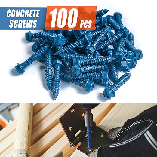 100Pcs 1/4" x1-1/4 Concrete Screws with Drill Bit, Hex Head Concrete Cement Screws Anchor Assortment Kit for Masonry, Block Brick or Stucco