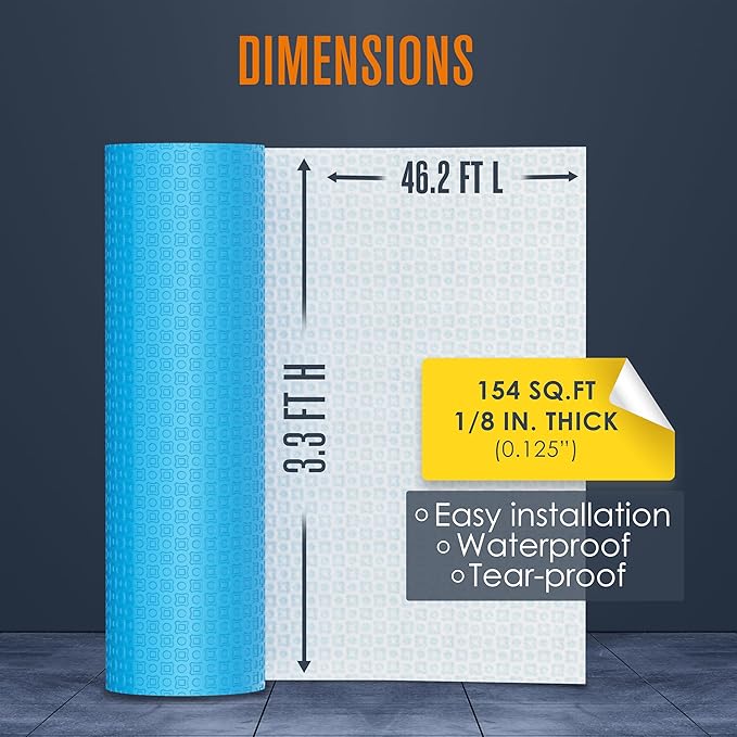 Houseables Uncoupling Membrane, Tile Underlayment, Tile Membrane, Flooring Underlayment, for Floor, Decoupling, Anti Fracture, Waterproof, Anti Crack, Vapor, 1/8" Thick, 3.3 ft x 46.2 ft / 154 Sq Ft