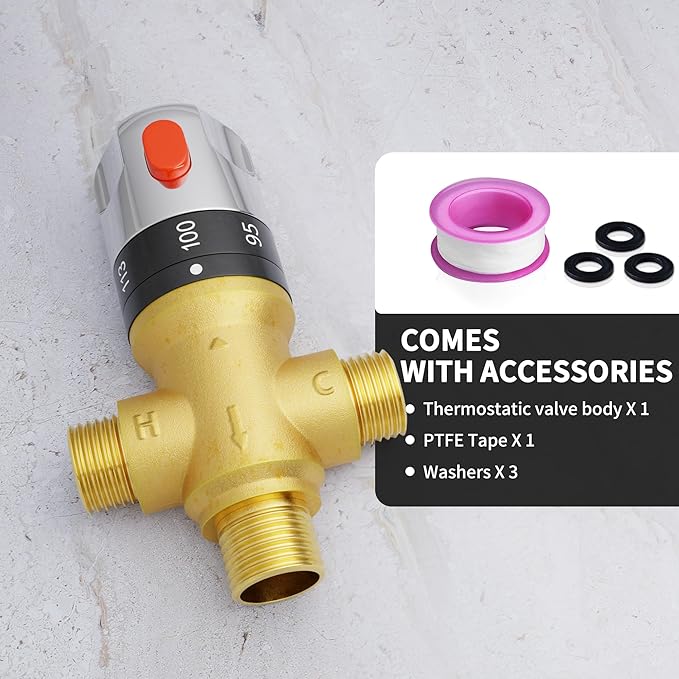 Thermostatic Mixing Valve with 1/2 NPT Male Connection, Water Temperature Constant Control Valve, Fahrenheit Scale Mark, Solid Brass,Golden