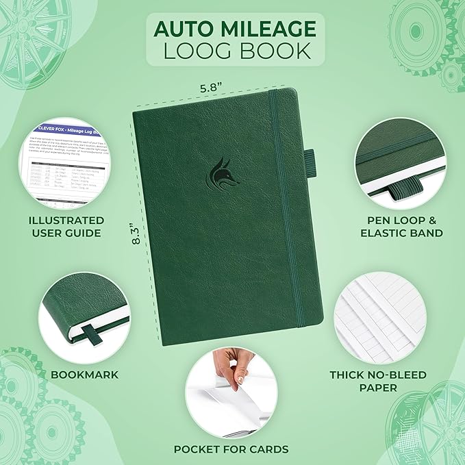Clever Fox Auto Mileage Log Book – Vehicle Logbook with Mileage, Expense, Gas Consumption & Lubrication Trackers – Driving Logger for Car Records – A5 Size, 1,674 Mileage Entries (Forest Green)
