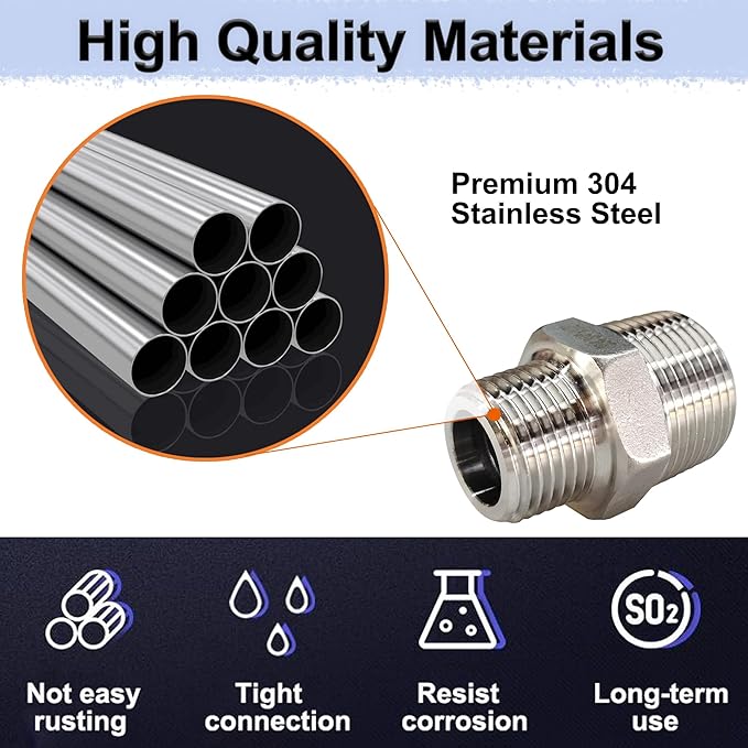 ZOUNI Reducing Hex Nipple, 304 Stainless Steel 1/2" NPT Male x 1/4" NPT Male Pipe Fitting Reducer Nipple Adapter 2000psi Reducer Straight Connector (2pcs, 1/2-1/4)