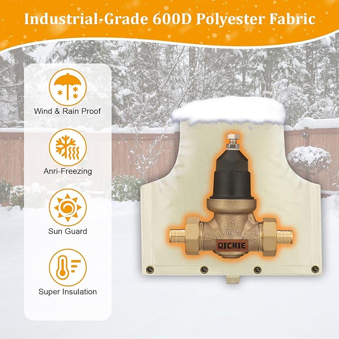 Backflow Preventer Insulated Cover (5°F) for Winter Freeze Protection, 14"W x 13"H Thickened Pressure Reducing Value & Well Pump Cover, Outdoor Waterproof Insulation Pouch for Sprinkler Valve, Beige