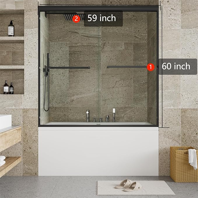 59" W x 60" H Single Sliding Shower Door - Bypass Space Saving Design with 1/4” Clear Tempered Glass & Aluminum Alloy Frame, Easy Installation & Reversible Hinges, Matte Black Finish