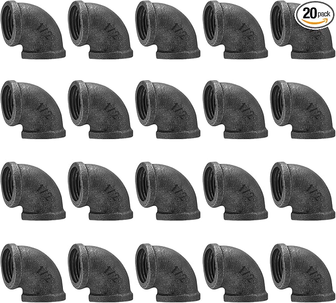 1/2" Pipe Fitting Elbow, DN15 Threaded Cast Malleable Iron for Steampunk Vintage Shelf Bracket DIY Plumbing Pipe Decor Furniture (20, 1/2")