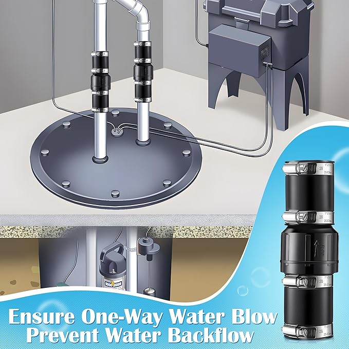 2 Pack Sump Pump Check Valve Fit 1-1/2 inch and 1-1/4 inch Pipe, Check Valve with 4 Pcs Stainless Steel Hose Clamps for Sump Pump Life Expectancy Increase